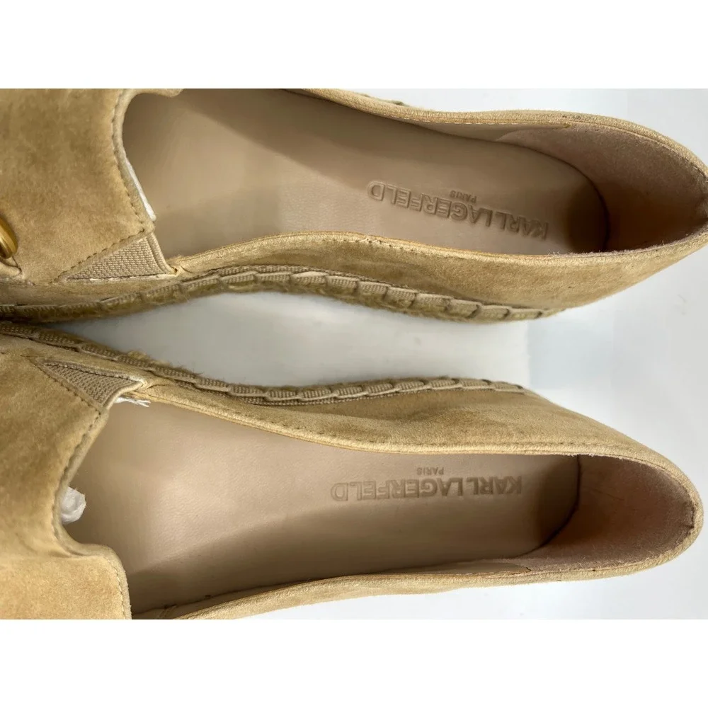 Karl Lagerfeld Paris Women's Tan Suede Espadrille Flats Embellished Chain Size 8